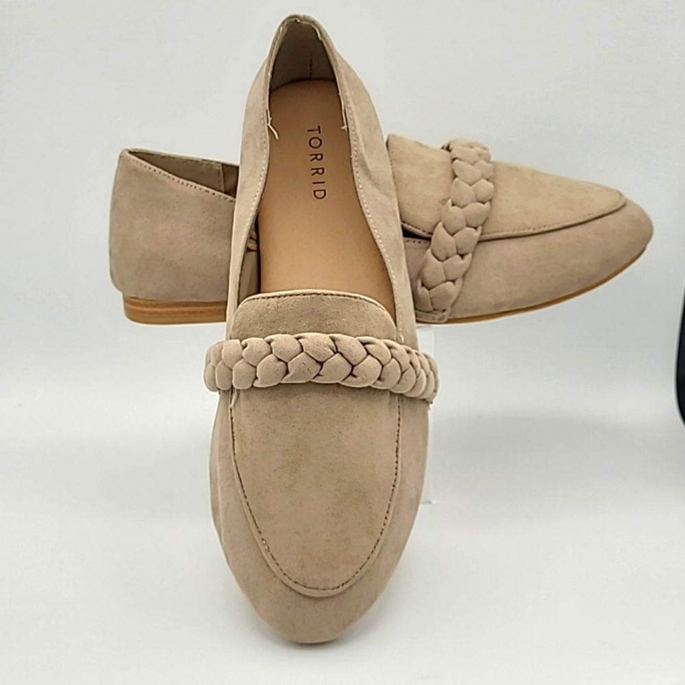 Torrid Taupe Tan Faux Suede Braid Trim Loafers Sz 11 WW